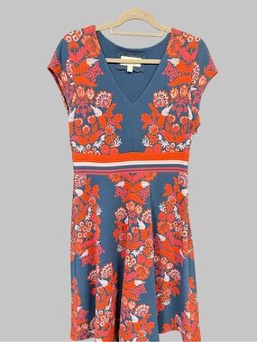 Anthropologie Blue Dress with Orange Floral Embroidery